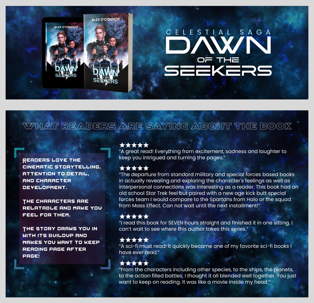 Amazon A+ content for author Alex O' Connor and his book Dawn of the Seekers.